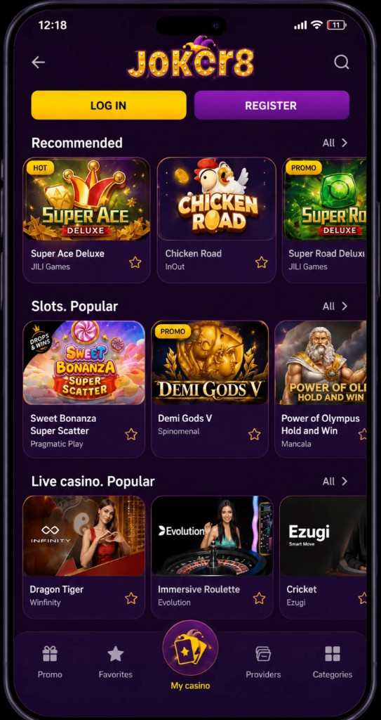 App-Lobby mit Slots und Live Casino